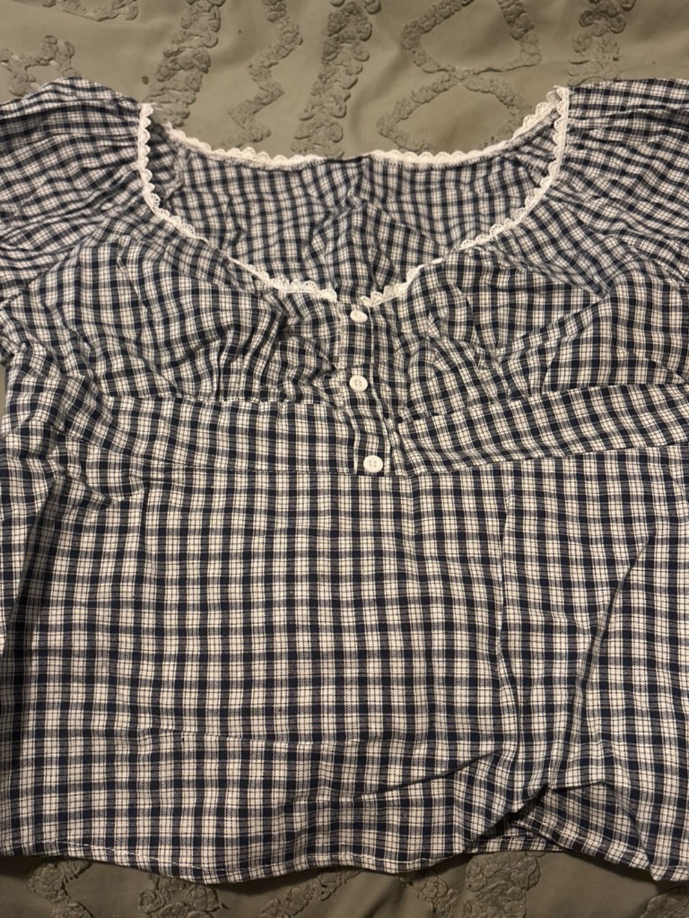 Urban Outfitters Navy and White Gingham Button-Front babydoll Top
